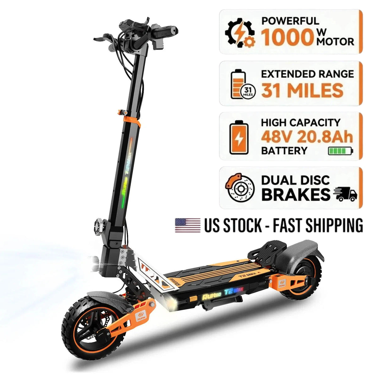 Electric Scooter for Adults, 1000W Motor, 48V 20.8Ah Battery, 31 Miles Range, 10" Off-Road Tires, Foldable E Scooter with LED Display and Disc Brake