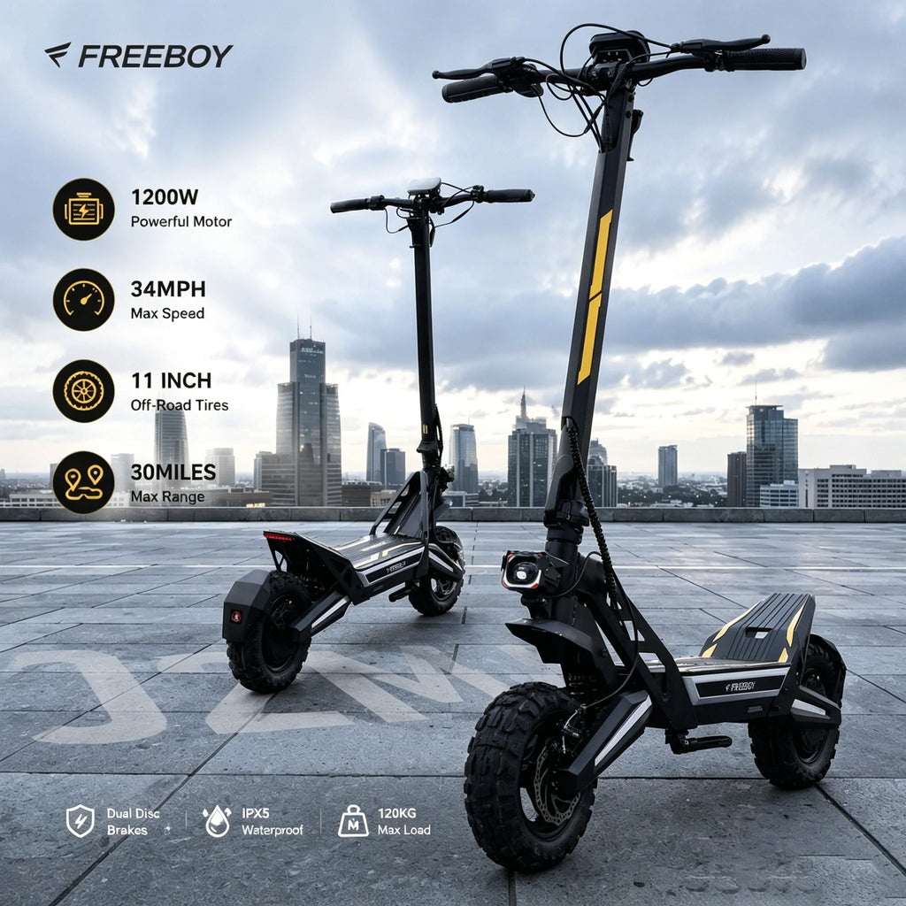 FREEBOY J2MAX 1200W Off Road Electric Scooter for Adults, 34mph Top Speed, 31miles Long Range, 11'' Pneumatic Tire, Dual Disc Brake